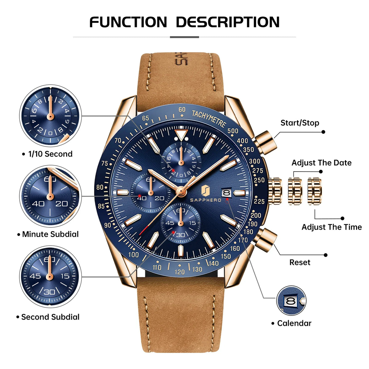 SAPPHERO Men's Quartz Chronograph Watch Date Display Blue Dial 50M Water Resistant Sport Luxury Wristwatch Elegant Fashion Business Casual Watch for Men Daily Wear Office Travel Gift