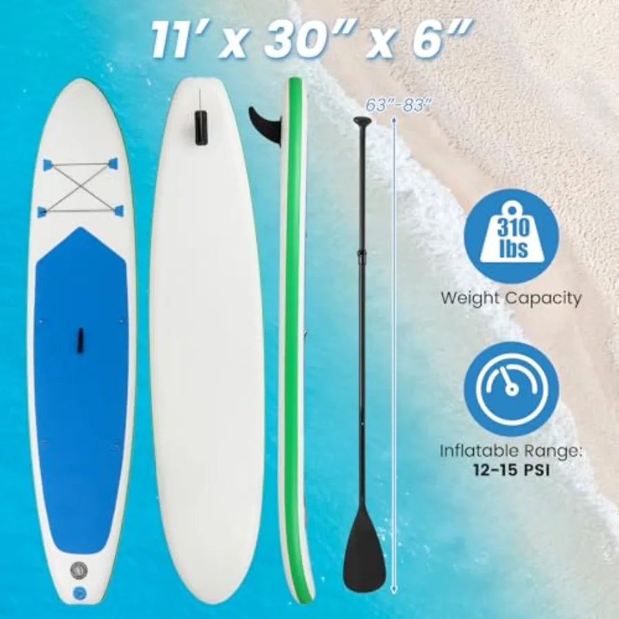 Inflatable Stand Up Paddle Board Ultra Stable 11ft Long 30in Wide Durable PVC For Beginners
