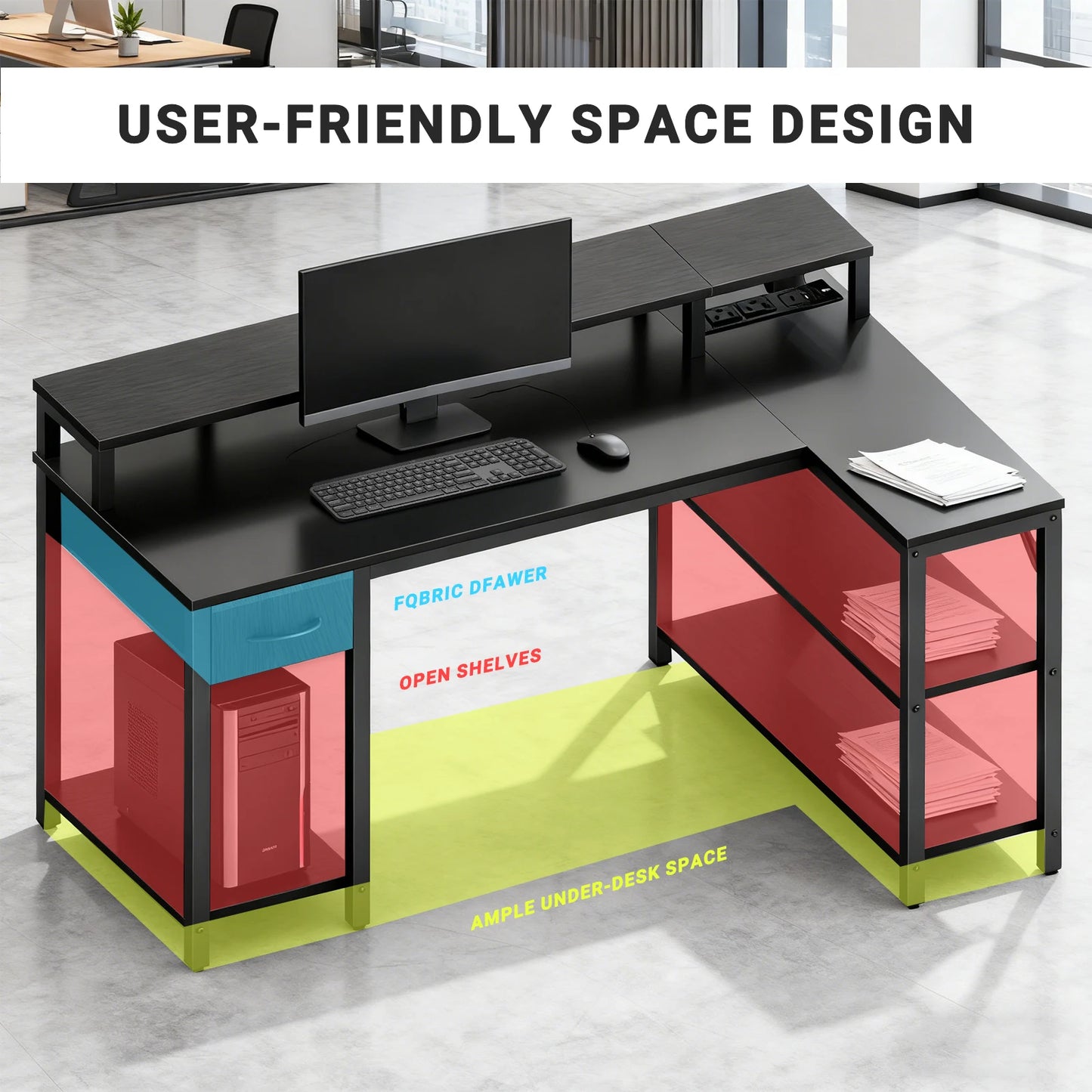 JHK L Shaped Gaming Desk Featuring USB Ports And LED