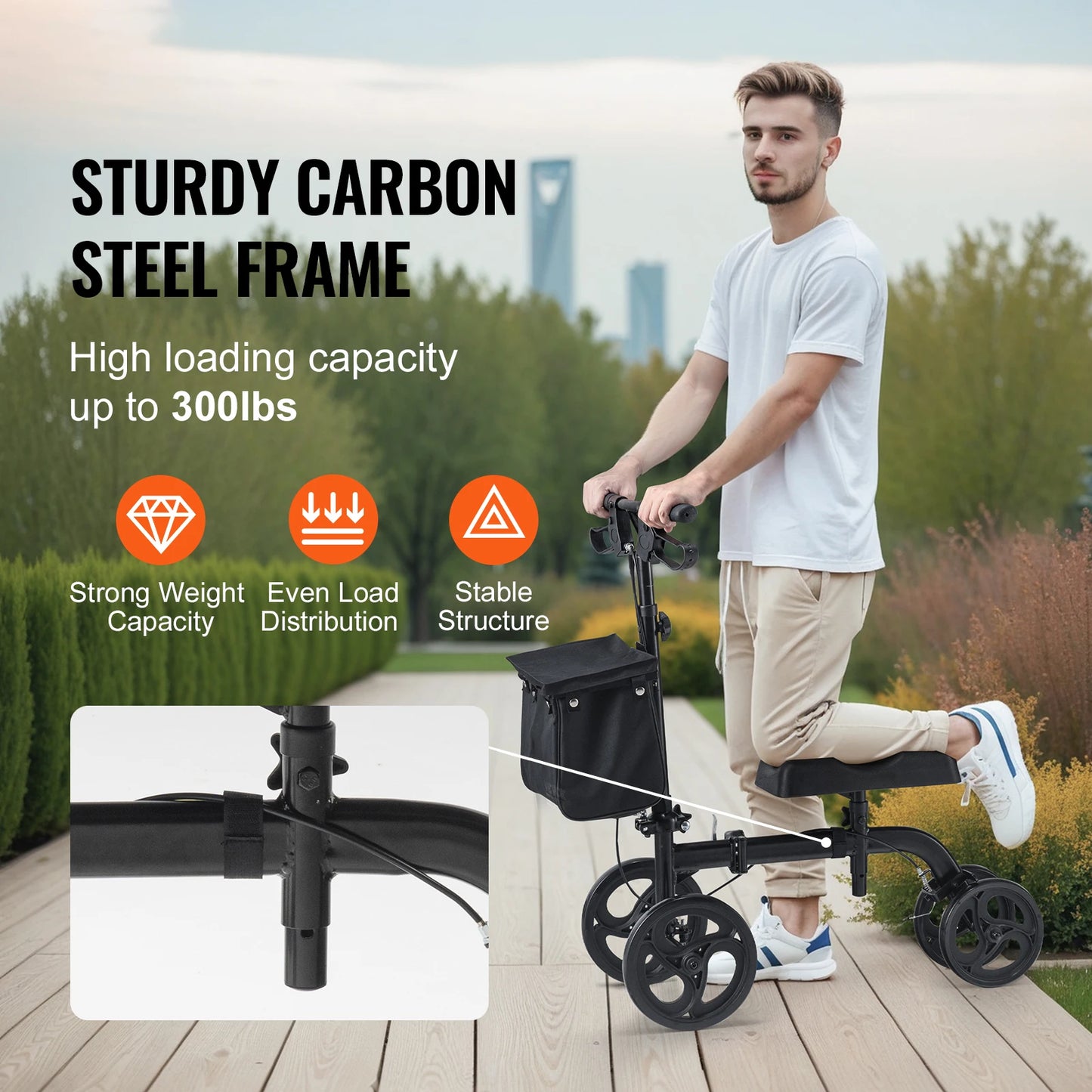 SucceBuy Carbon Steel Folding Knee Walker With Steerable All Terrain Solid Wheels