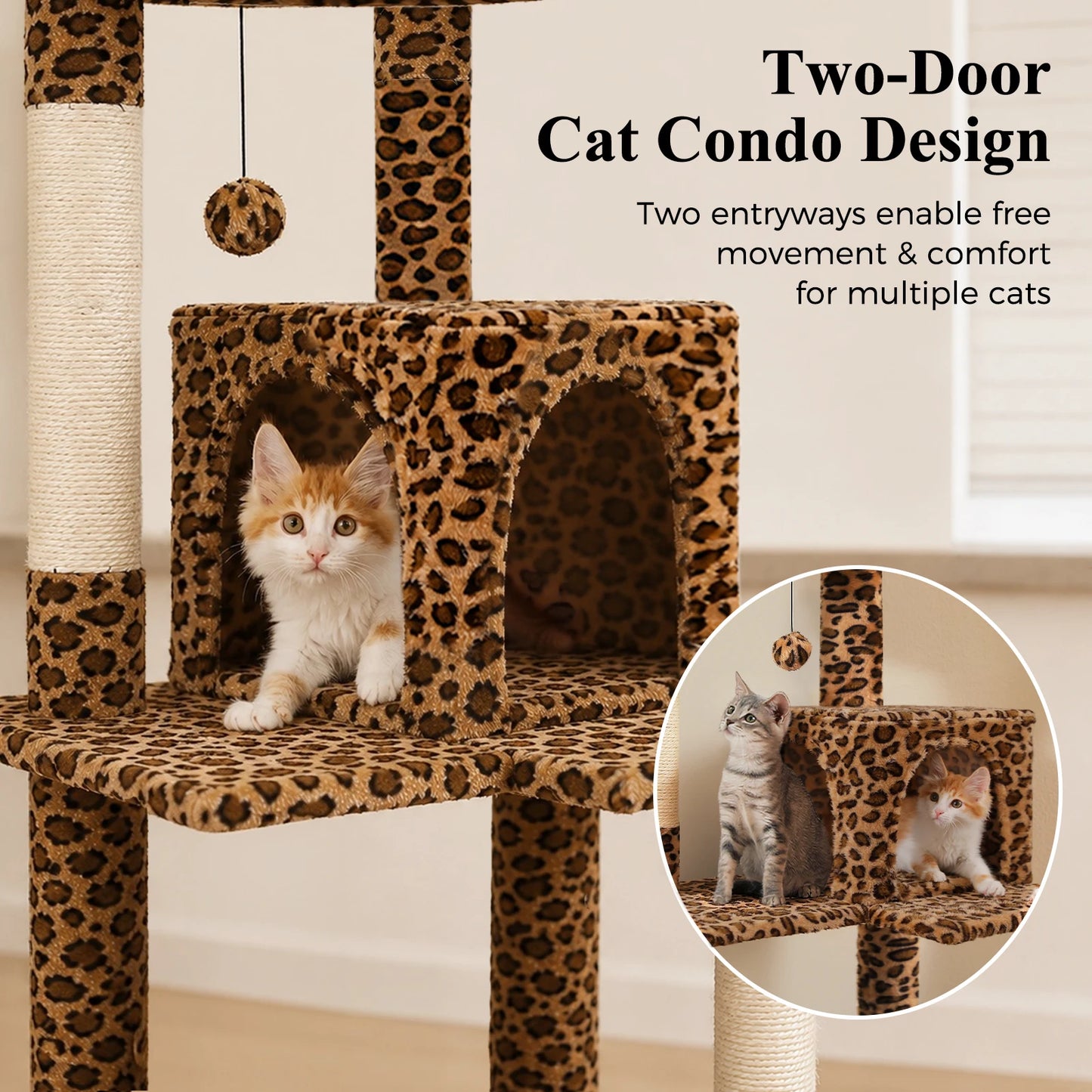 Multi-Level Leopard Cat Tree for Indoor Cats Large Cat Tower with Sisal Scratching Posts Cozy Cat Condo Spacious Hammock Soft Top Perch Cat Toys