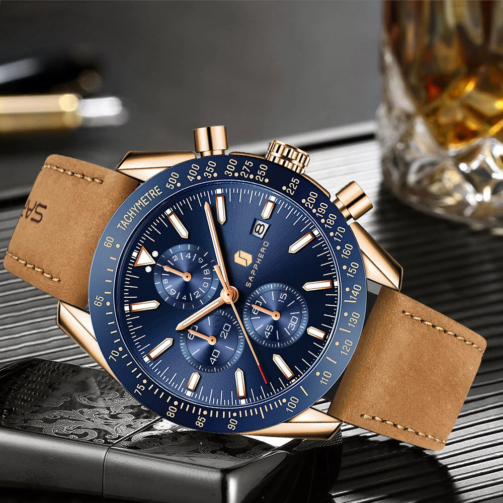 SAPPHERO Men's Quartz Chronograph Watch Date Display Blue Dial 50M Water Resistant Sport Luxury Wristwatch Elegant Fashion Business Casual Watch for Men Daily Wear Office Travel Gift