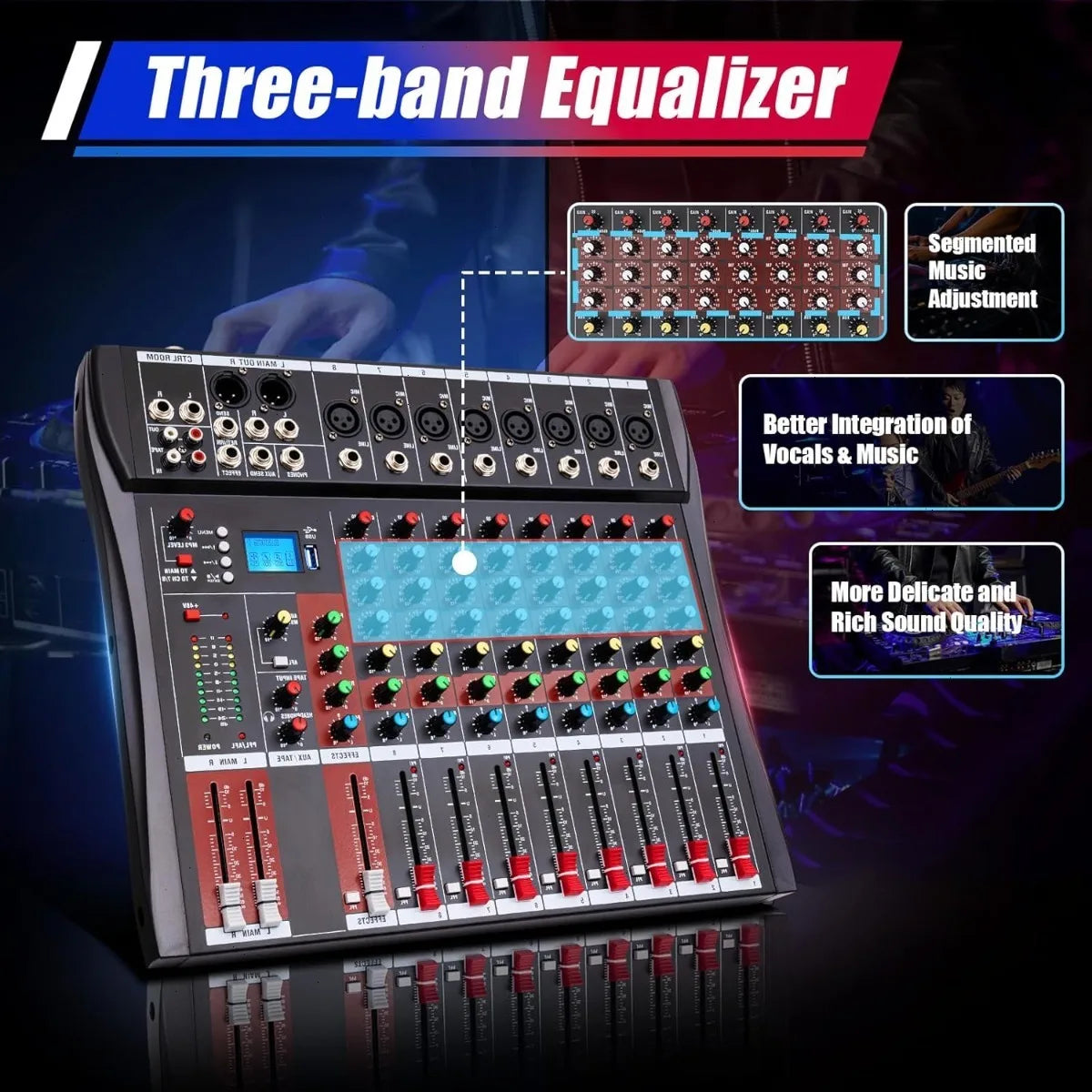 Bymaocar 8 Channel Mixing Console USB Bluetooth Studio Mixer For PC Recording