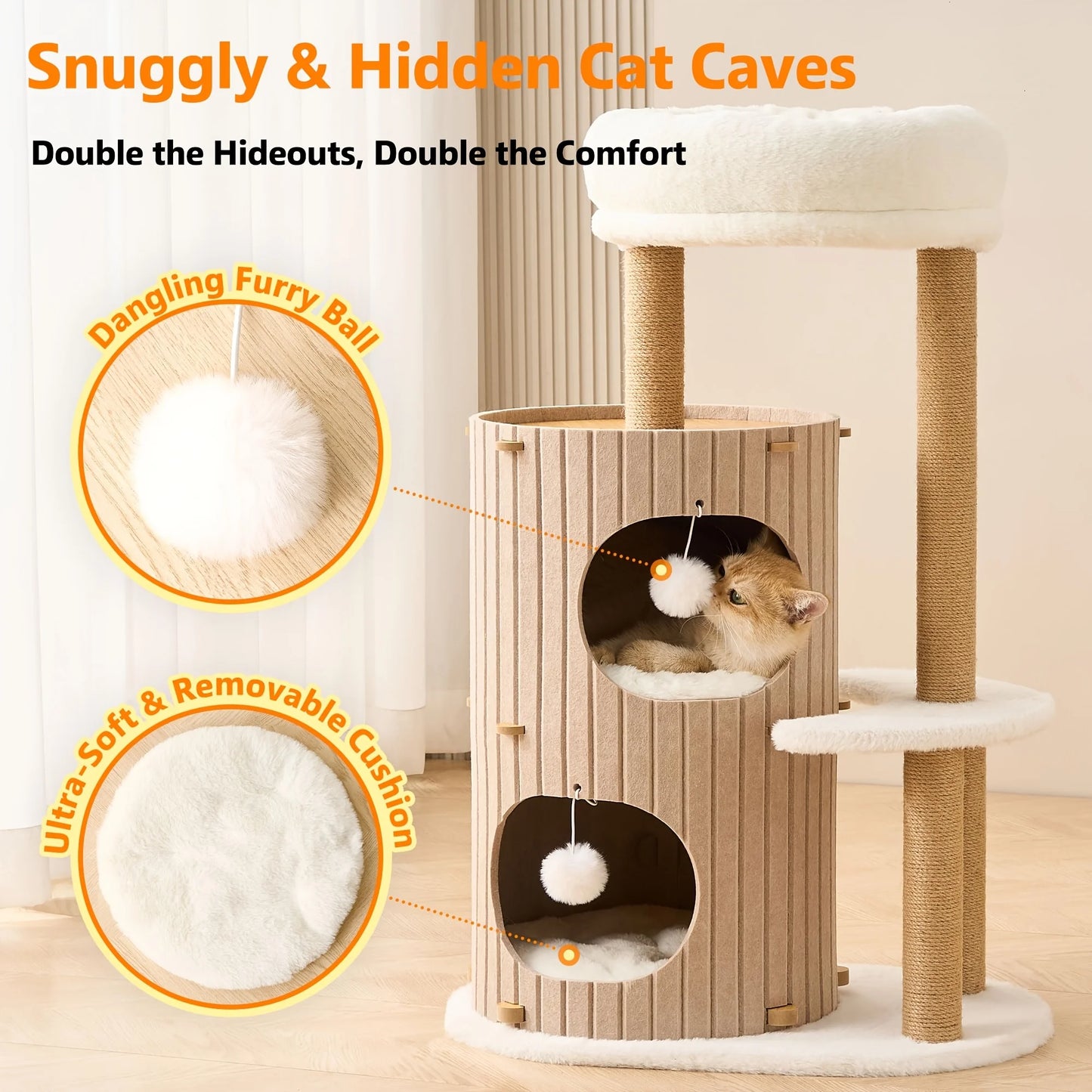 Modern Cat Tree for Indoor Small & Medium Cats, 36" Cat Tower with Scratching Posts, 2 Cozy Cat Caves, Top Perch, Dangling Balls, Washable Cushions, Space-Saving Cat Condo, Brown