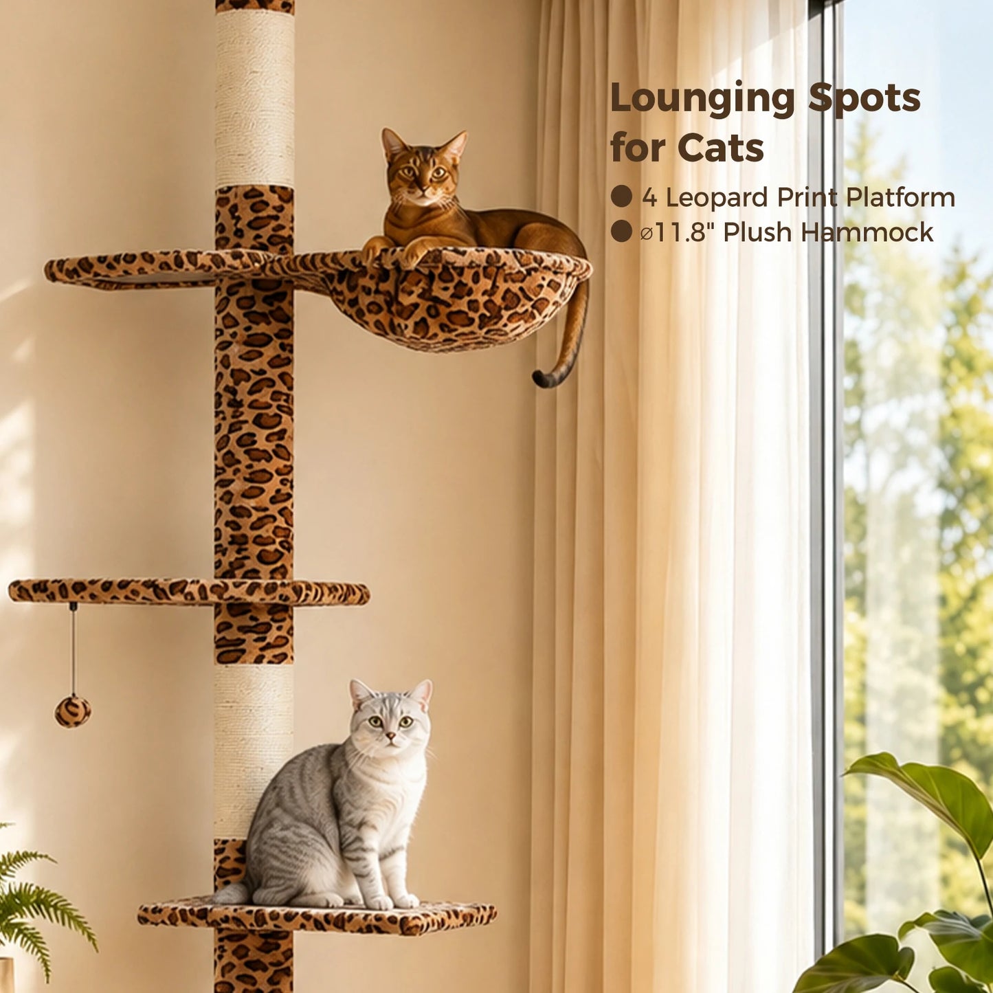 Floor to Ceiling Cat Tree with Sisal Scratching Posts Cozy Hammock Dangling Ball Adjustable Height Leopard Cat Tower for Indoor Cat Toys