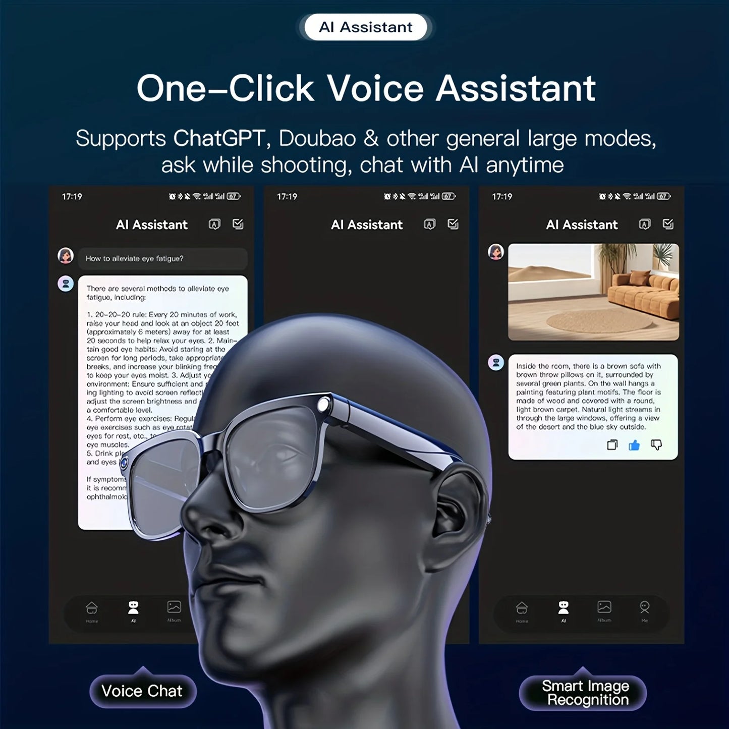 Camera video glasses, smart translation, object recognition via camera, Q&A interaction, Hi-Fi music, and high-definition calls.