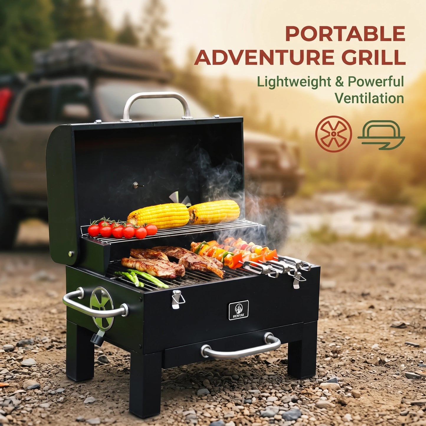 IRONYAK Portable Charcoal Grill Smoker Tabletop BBQ Outdoor Camping