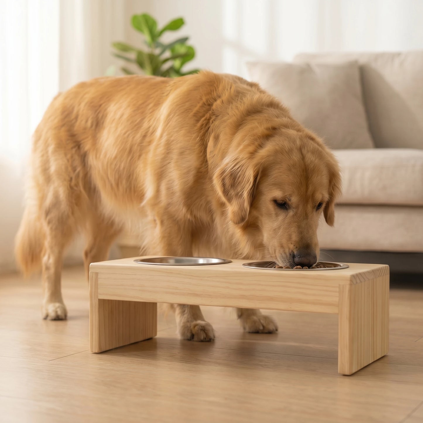 Elevated Wooden Dog Bowls Stand with Double Stainless Steel Bowls, Raised Pet Feeder Holder for Food & Water, Dog Feeding Station