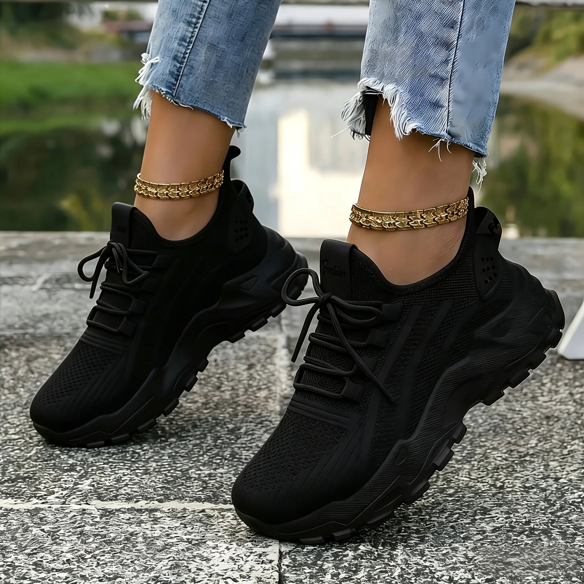 Womens Chunky Platform Knit Mesh Walking Sneakers With Wavy Sole