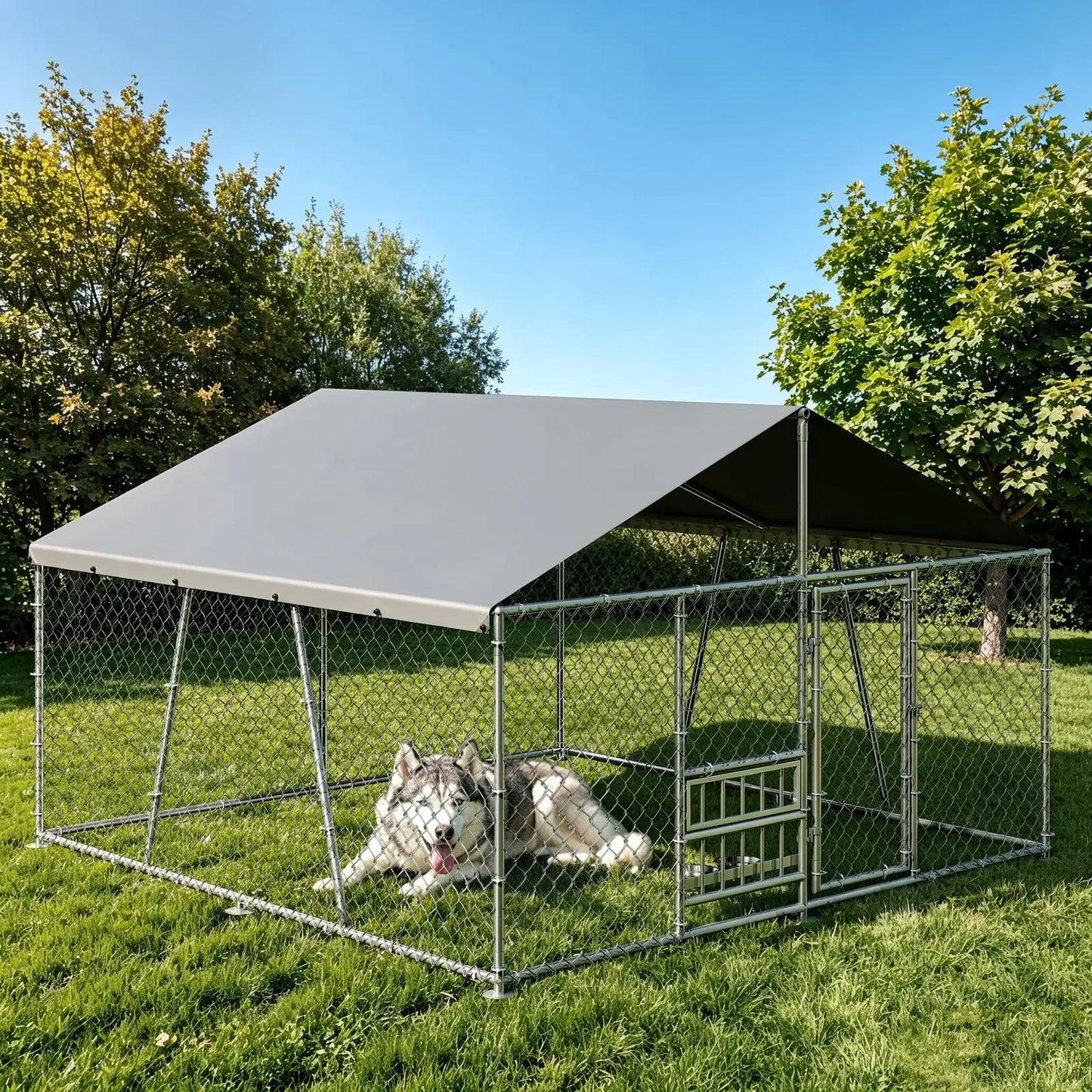 DishyKooker Outdoor Dog Kennel 10x10ft With PE Waterproof Roof 360° Feeding Door Heavy Duty Galvanized For Outdoor Pets