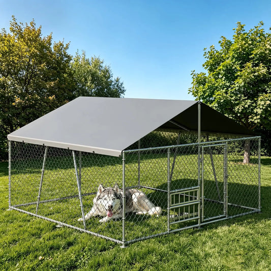 DishyKooker Outdoor Dog Kennel 10x10ft With PE Waterproof Roof 360° Feeding Door Heavy Duty Galvanized For Outdoor Pets