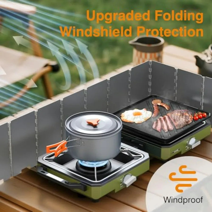 Camping Stove With Windshield 2-Burner Propane Portable Folding