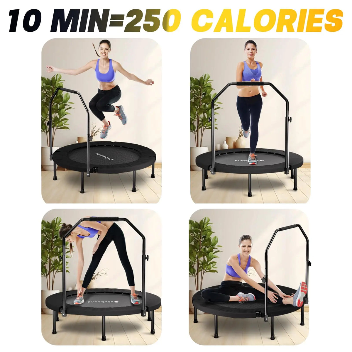 Foldable Fitness Rebounder Trampoline With Adjustable Handlebar