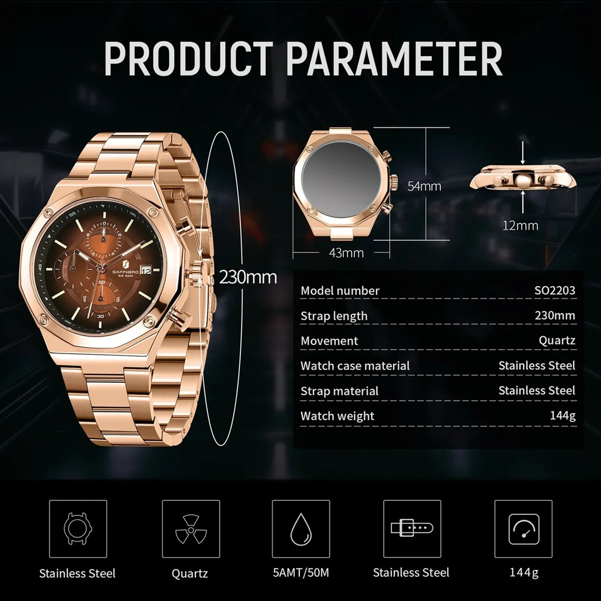 SAPPHERO Men's Chronograph Quartz Watch 5ATM Waterproof Stainless Steel Wristwatch Business Sport Fashion Casual Watch for Men Daily Wear Gift for Father Husband