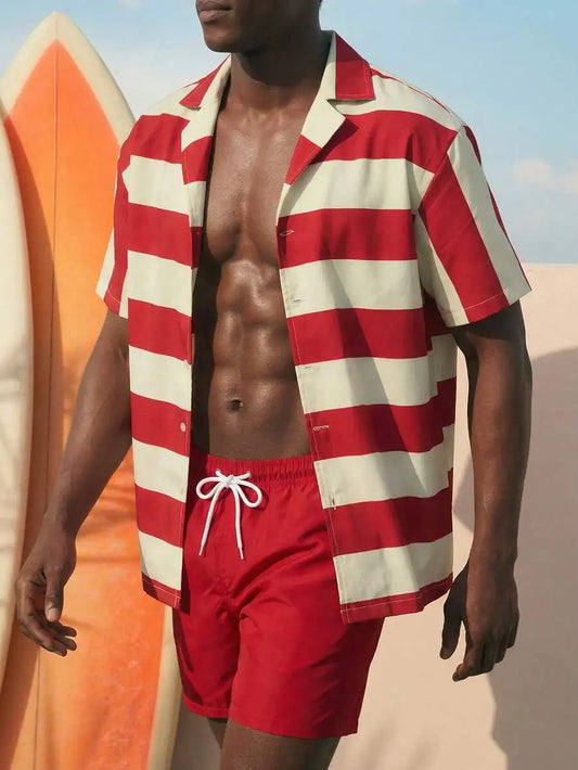 Mens Red And White Striped Short Sleeve Shirt And Solid Red Swim Shorts Two Piece Beach Resort Outfit