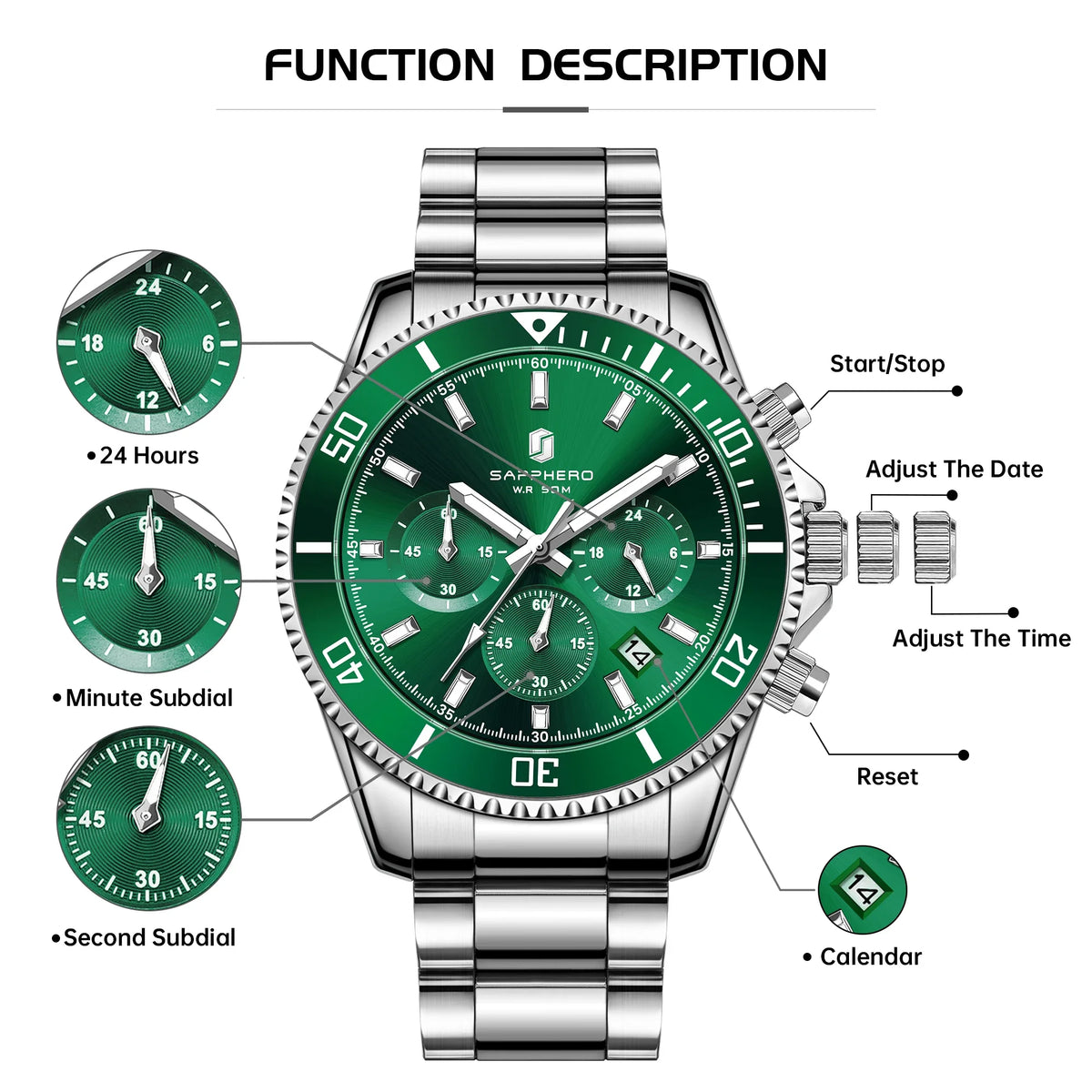 SAPPHERO Men's Stainless Steel Quartz Chronograph Waterproof Watch