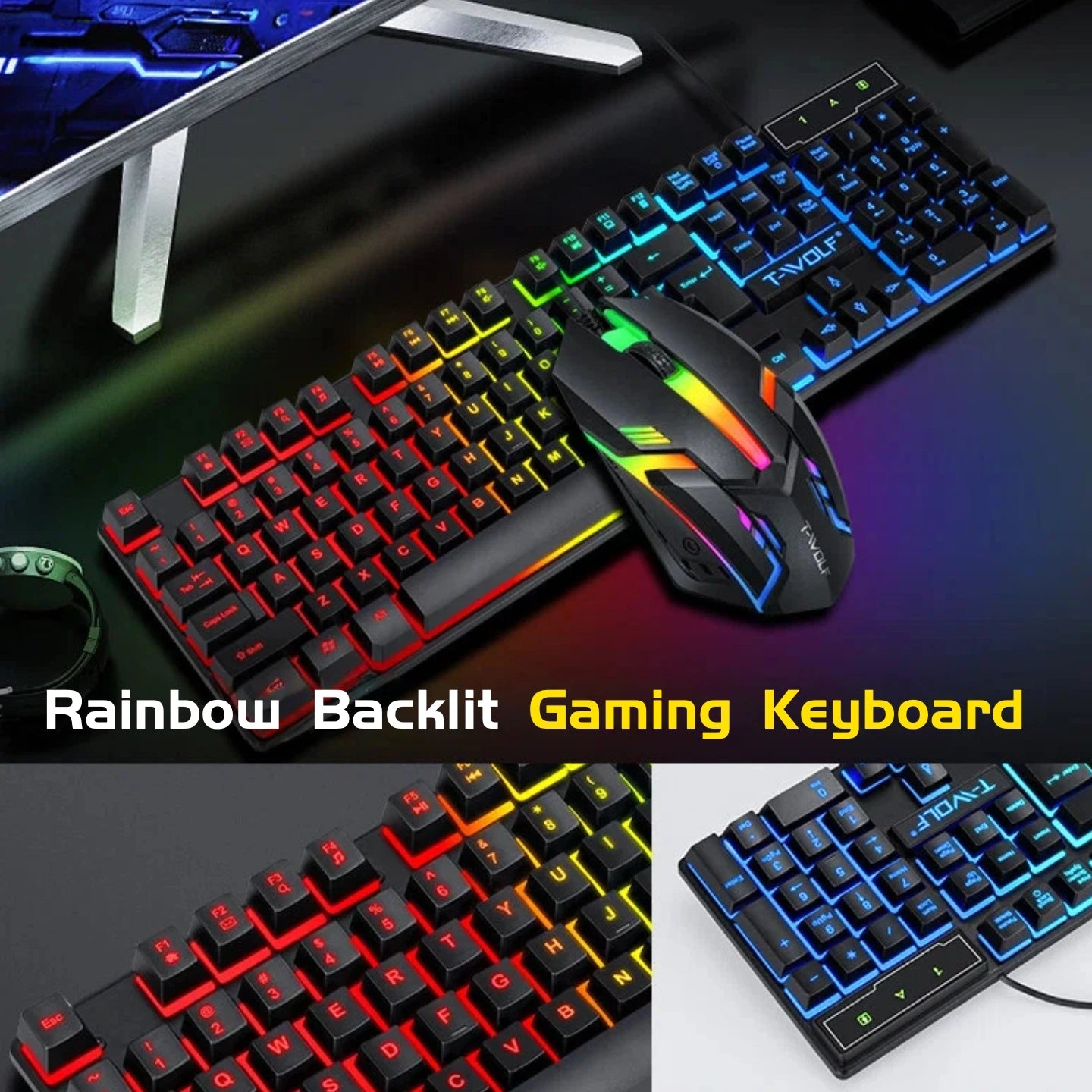 T-WOLF RGB Gaming Keyboard Mouse Headset Mousepad 4 In 1