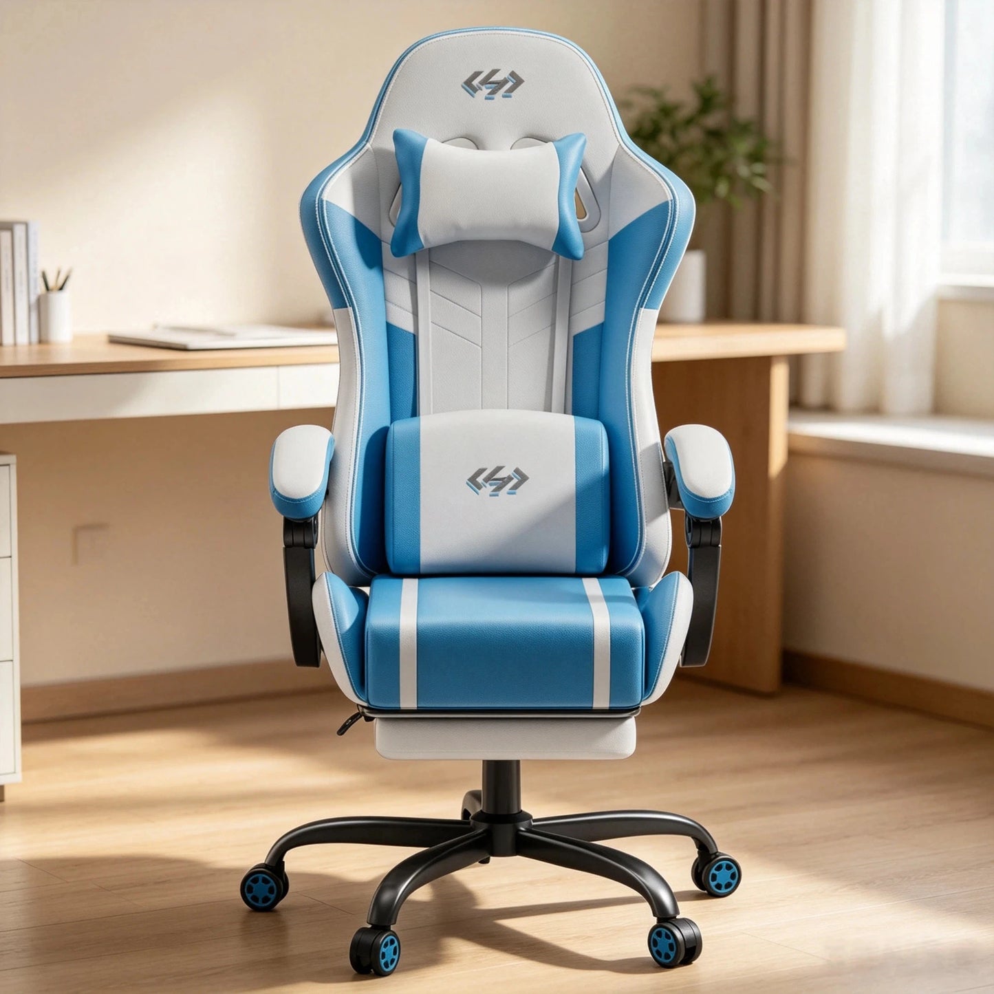 NEBMAAX Ergonomic Gaming Chair With Massage Footrest PU Leather