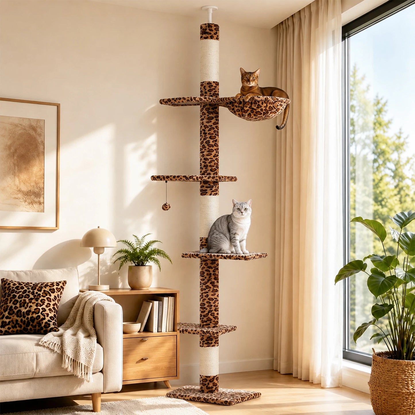 Floor to Ceiling Cat Tree with Sisal Scratching Posts Cozy Hammock Dangling Ball Adjustable Height Leopard Cat Tower for Indoor Cat Toys