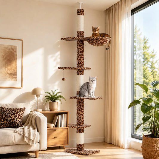 Floor to Ceiling Cat Tree with Sisal Scratching Posts Cozy Hammock Dangling Ball Adjustable Height Leopard Cat Tower for Indoor Cat Toys