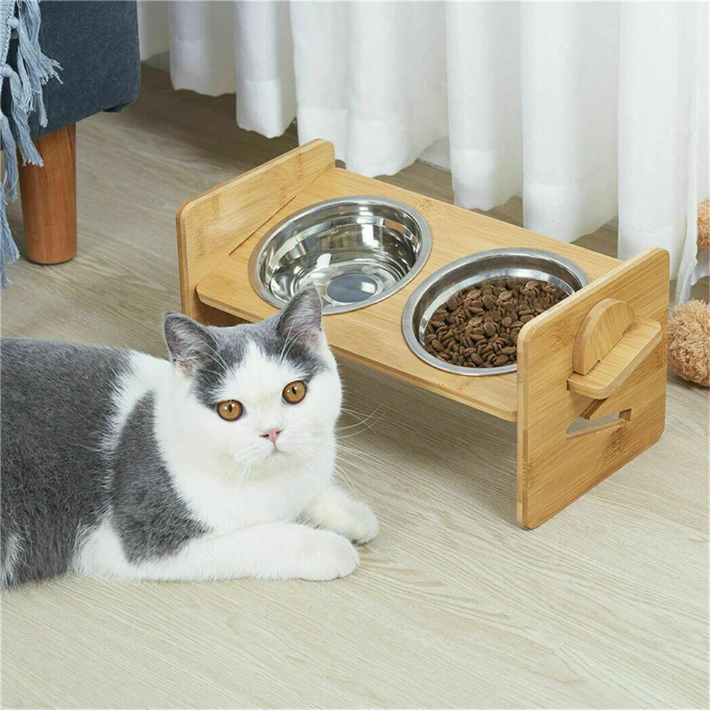 Elevated Adjustable Dog Feeding Station With Bamboo Frame Stainless Bowls