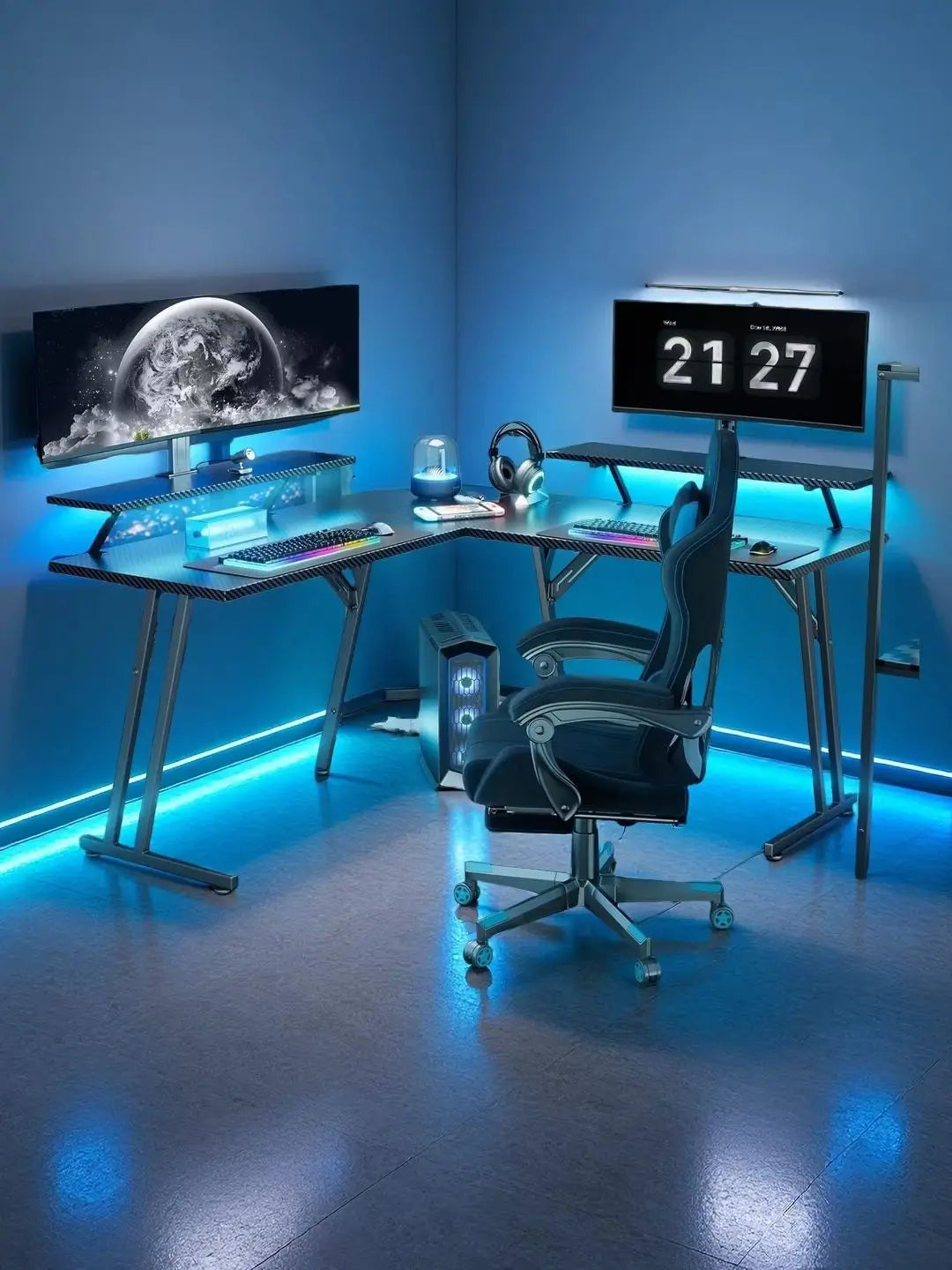 NEBMAAX L Shaped Gaming Desk With Monitor Riser Stand