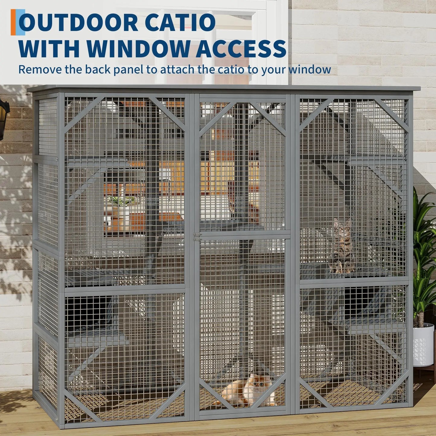 HiMISS Large Walk In Cat Catio Enclosure Weather Resistant Cedar Multi Level With Window And Locking Doors For Cats