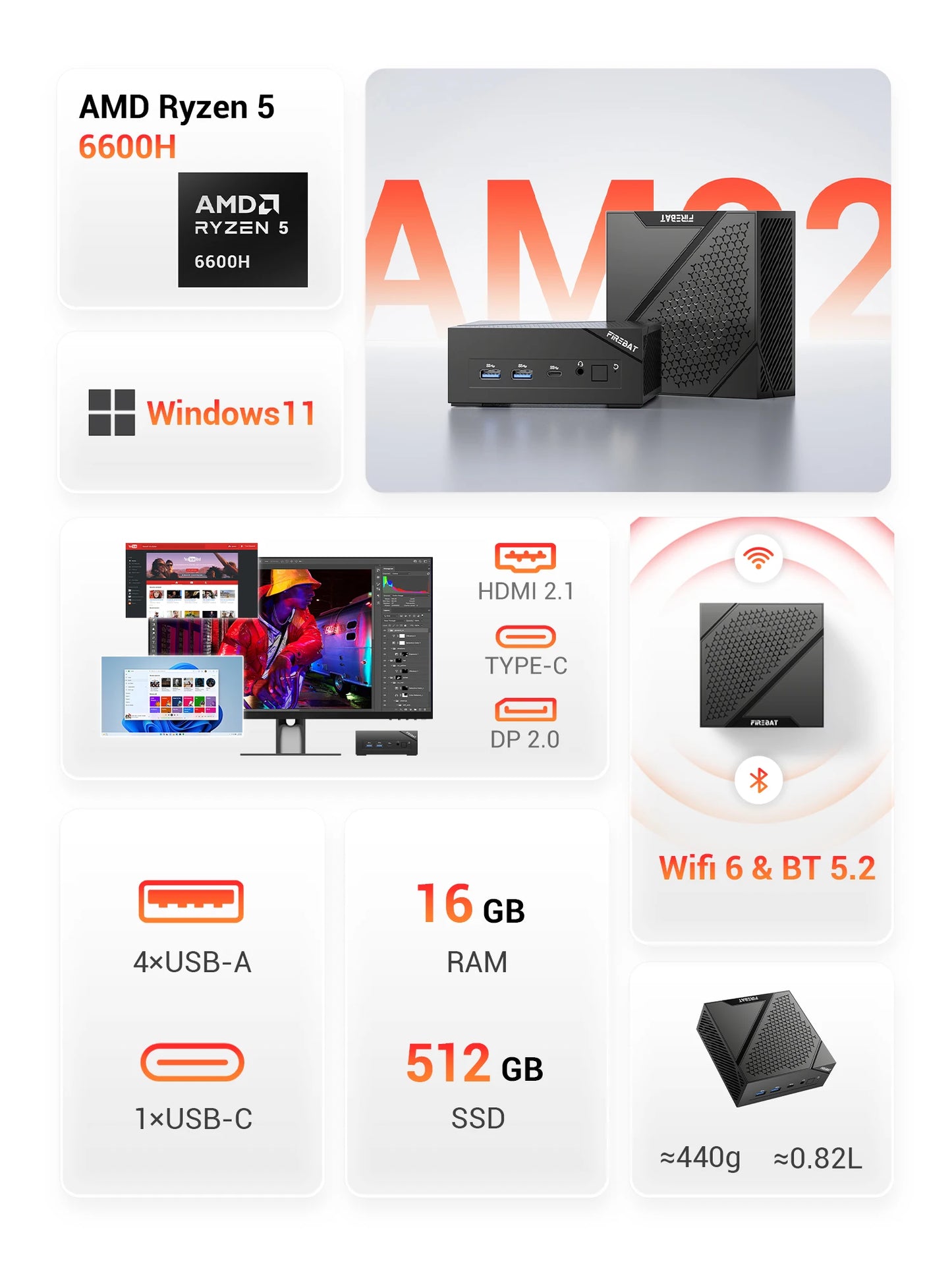 Firebat AM02 Mini PC Ryzen 6600H 16GB RAM 512GB SSD