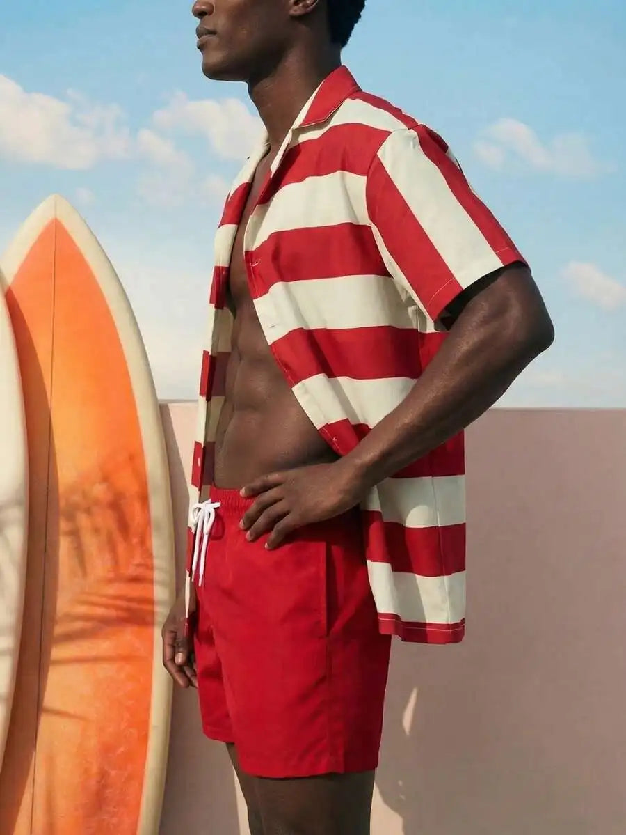 Mens Red And White Striped Short Sleeve Shirt And Solid Red Swim Shorts Two Piece Beach Resort Outfit