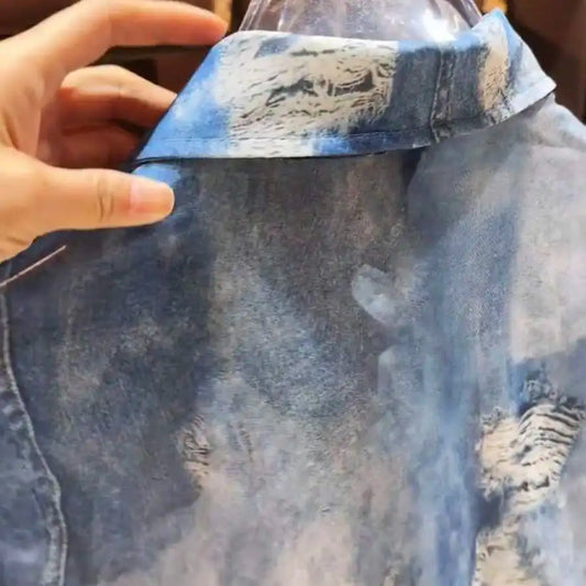 Men's Denim Print Loose Short Sleeve Shirt Set For Summer Casual Two Piece Outfit Ideal Vacation Wear