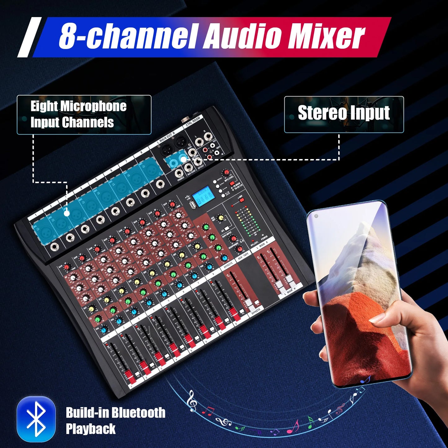 Bymaocar 7 8 Channel Professional Mixer With Bluetooth USB Recording