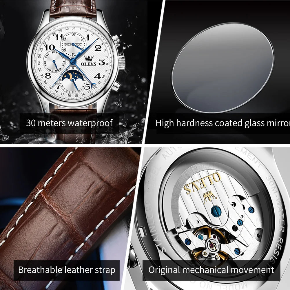 OLEVS 6667 Luxury Original Men Automatic Mechanical Watch Brand Classic Digital Dial Waterproof Moonphase Watch Sport Men Watch