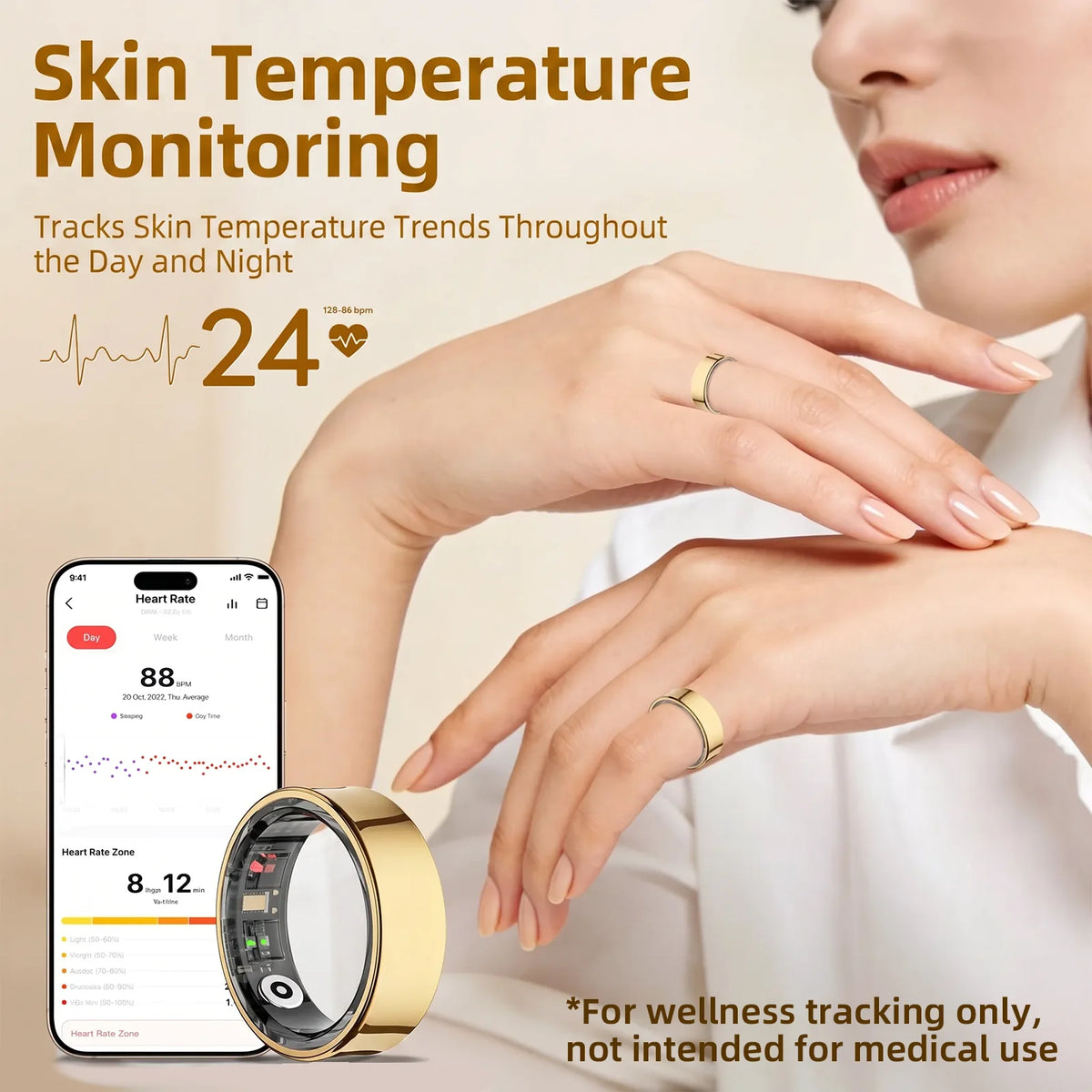Health Ring for Body Temperature, Heart Rate and Sleep Tracking