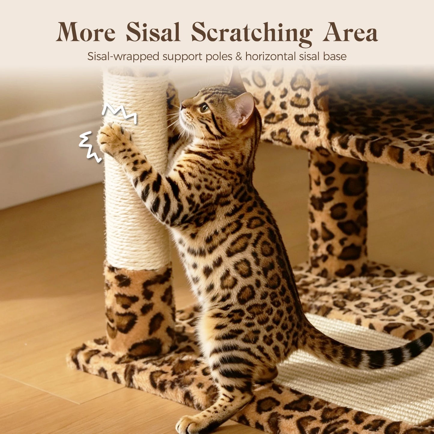 Multi-Level Leopard Cat Tree for Indoor Cats Large Cat Tower with Sisal Scratching Posts Cozy Cat Condo Spacious Hammock Soft Top Perch Cat Toys