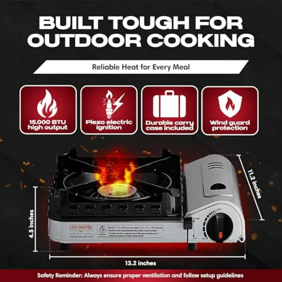 Portable Camp Stove 15000 BTU Butane Burner with Wind Guard