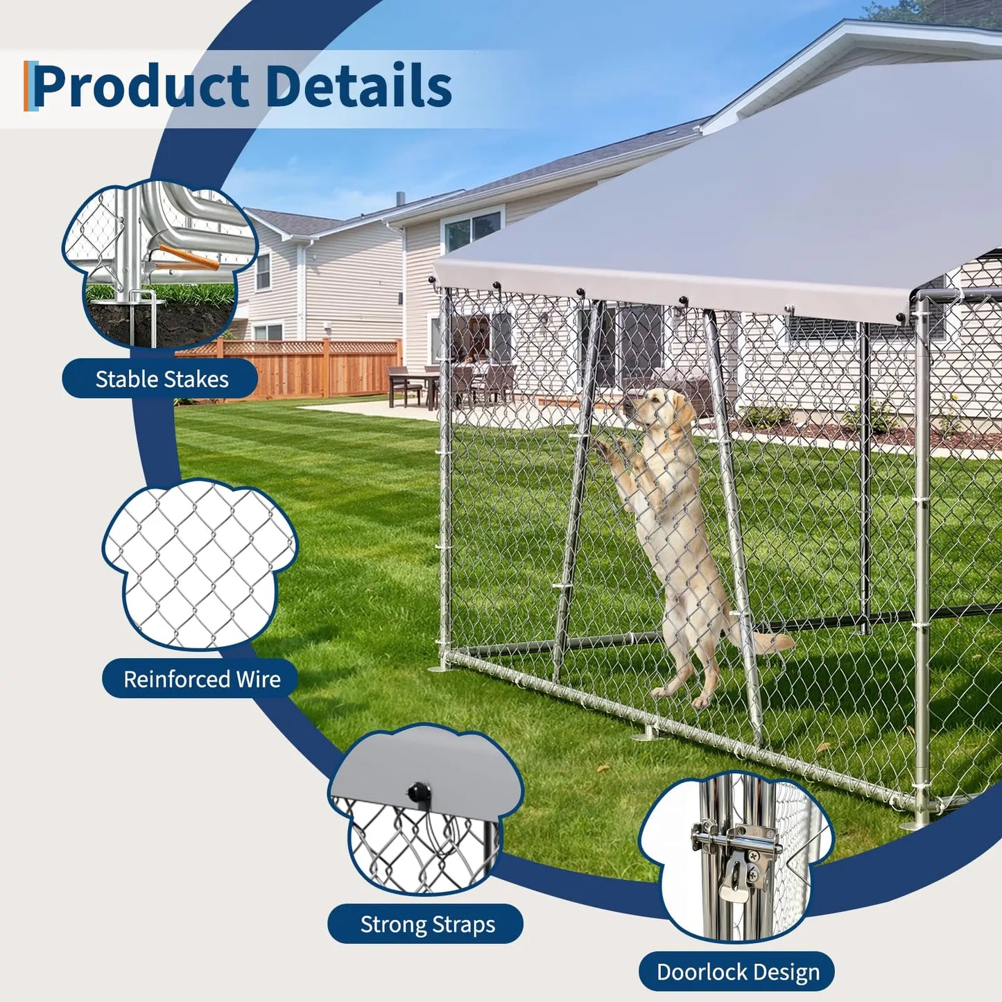 DishyKooker Outdoor Dog Kennel 10x10ft With PE Waterproof Roof 360° Feeding Door Heavy Duty Galvanized For Outdoor Pets