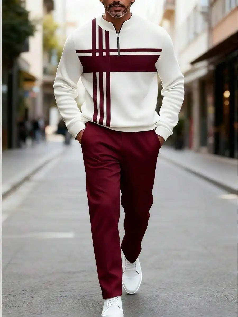 Mens 2-Piece Polyester Sportswear Set With 3D Print Pattern, Half-Collar Zipper Top And Long Pants