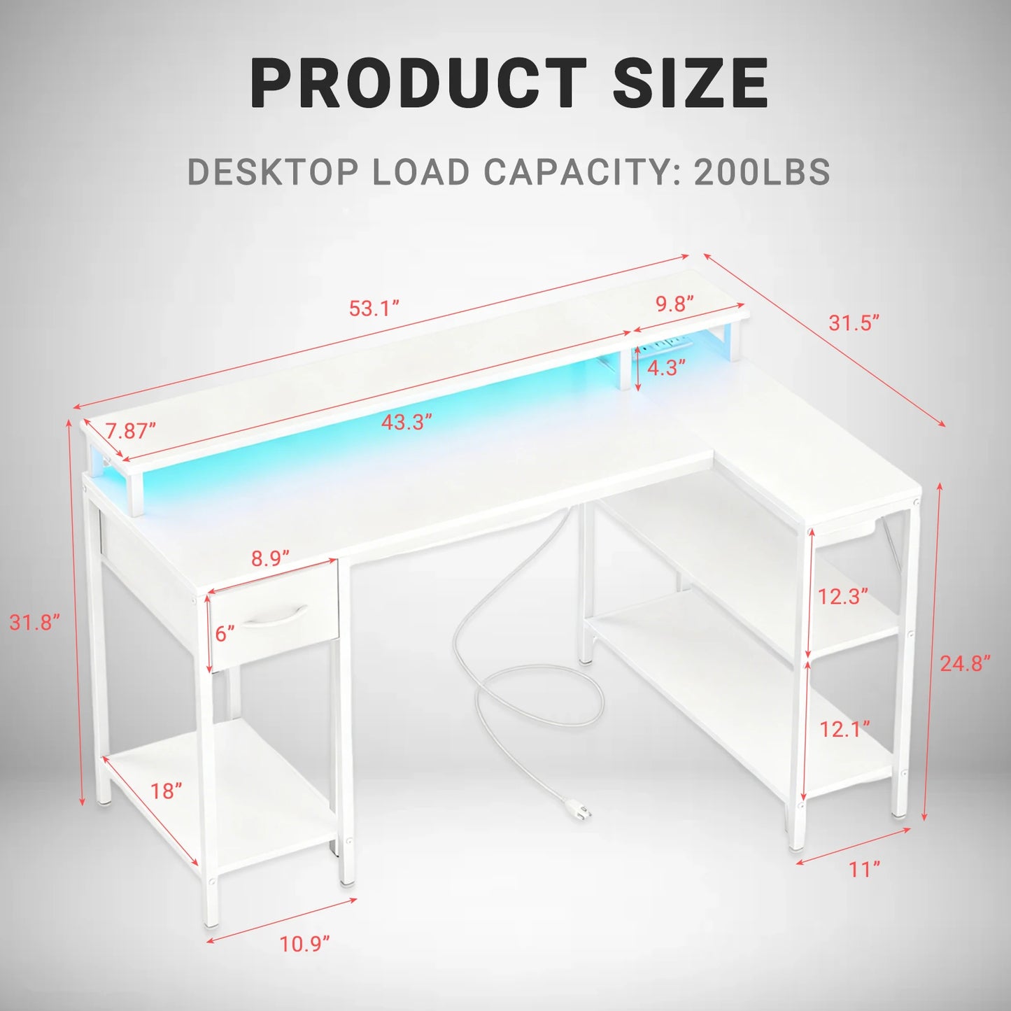 JHK L Shaped Gaming Desk Featuring USB Ports And LED