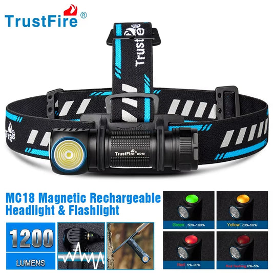 Trustfire MC18 LED Headlamp 1200lm 18650 Magnetic Rechargeable Headlight Flashlight with Power Indicator Magnet Tail for Fishing
