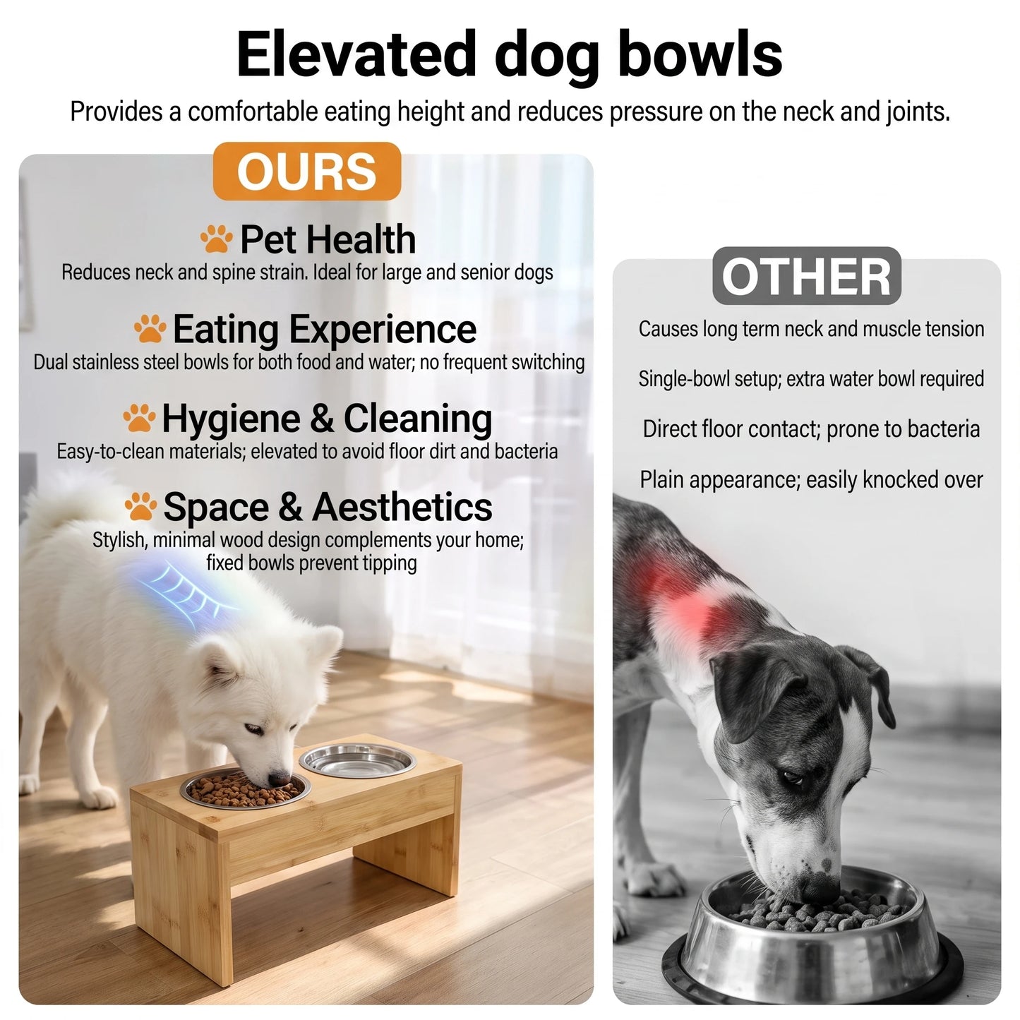 Elevated Wooden Dog Bowls Stand with Double Stainless Steel Bowls, Raised Pet Feeder Holder for Food & Water, Dog Feeding Station