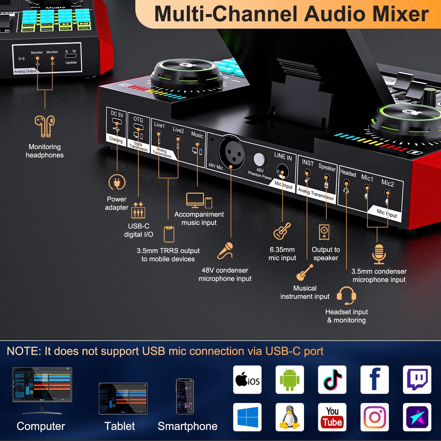 Tenlamp Five Channel Audio Interface Mixer for PC and Streaming