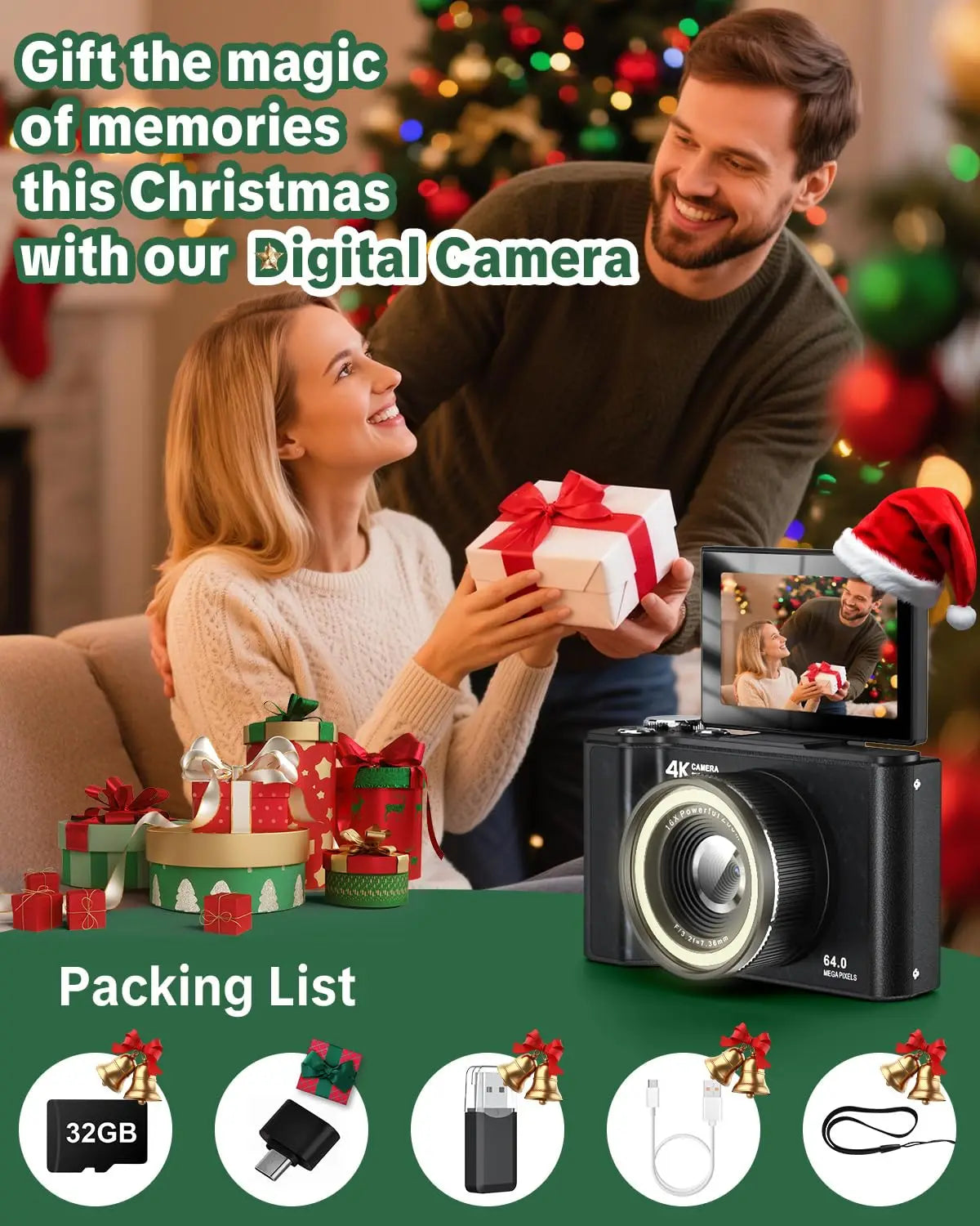 WO 4K Digital Camera With Ring Light And Flip Screen