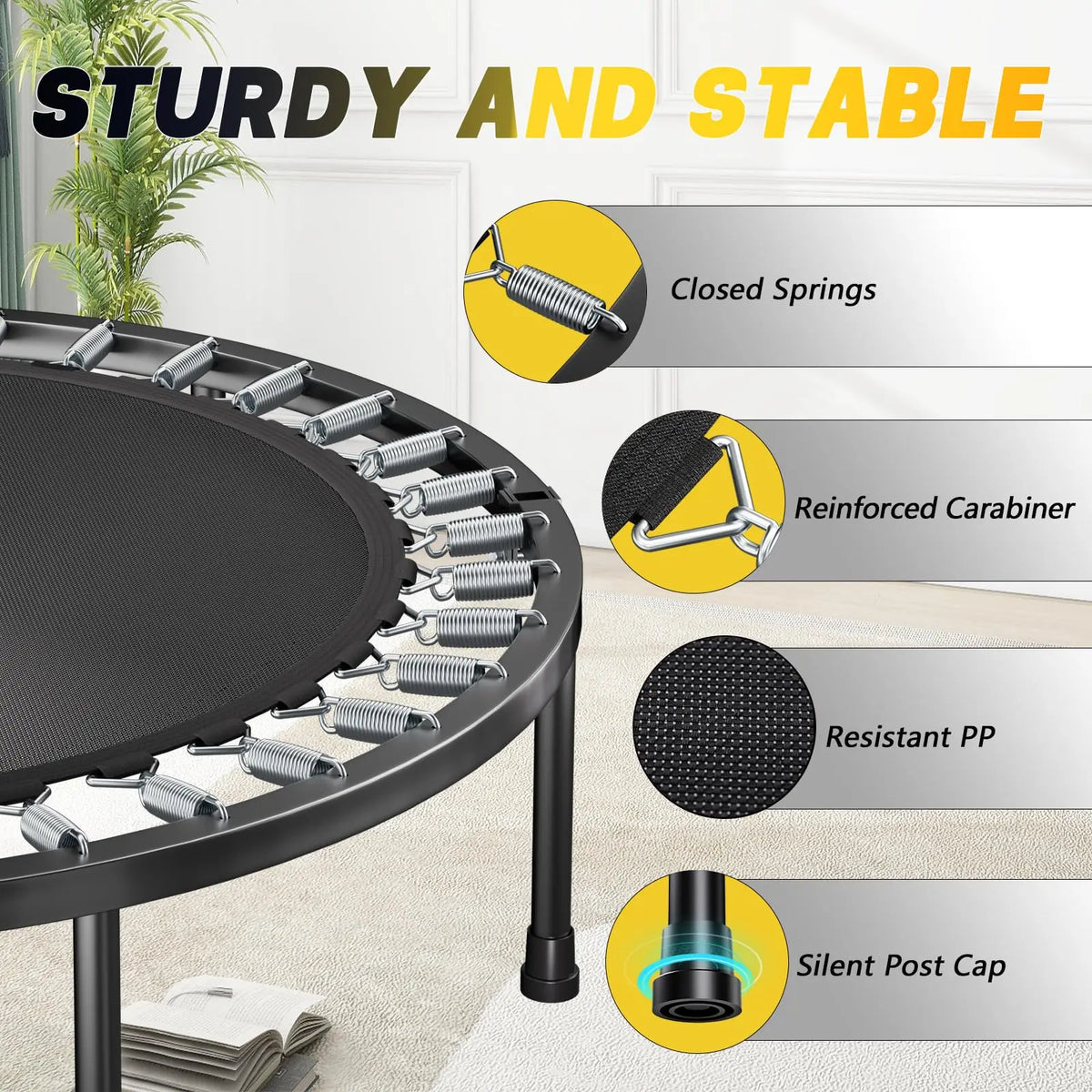 Foldable Fitness Rebounder Trampoline With Adjustable Handlebar
