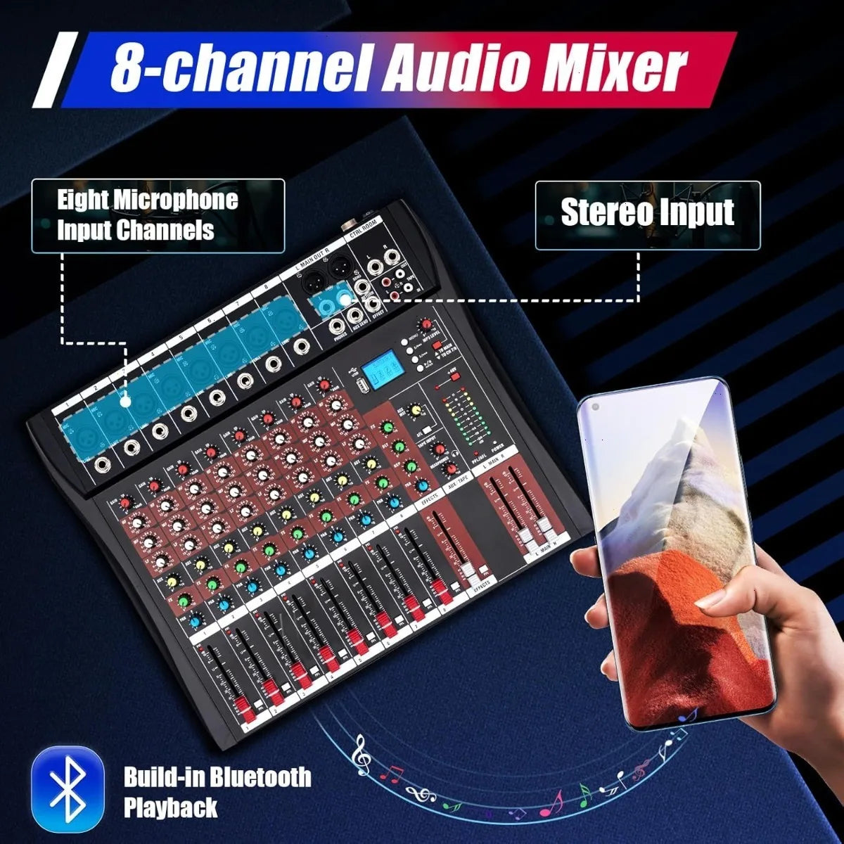Bymaocar 8 Channel Mixing Console USB Bluetooth Studio Mixer For PC Recording