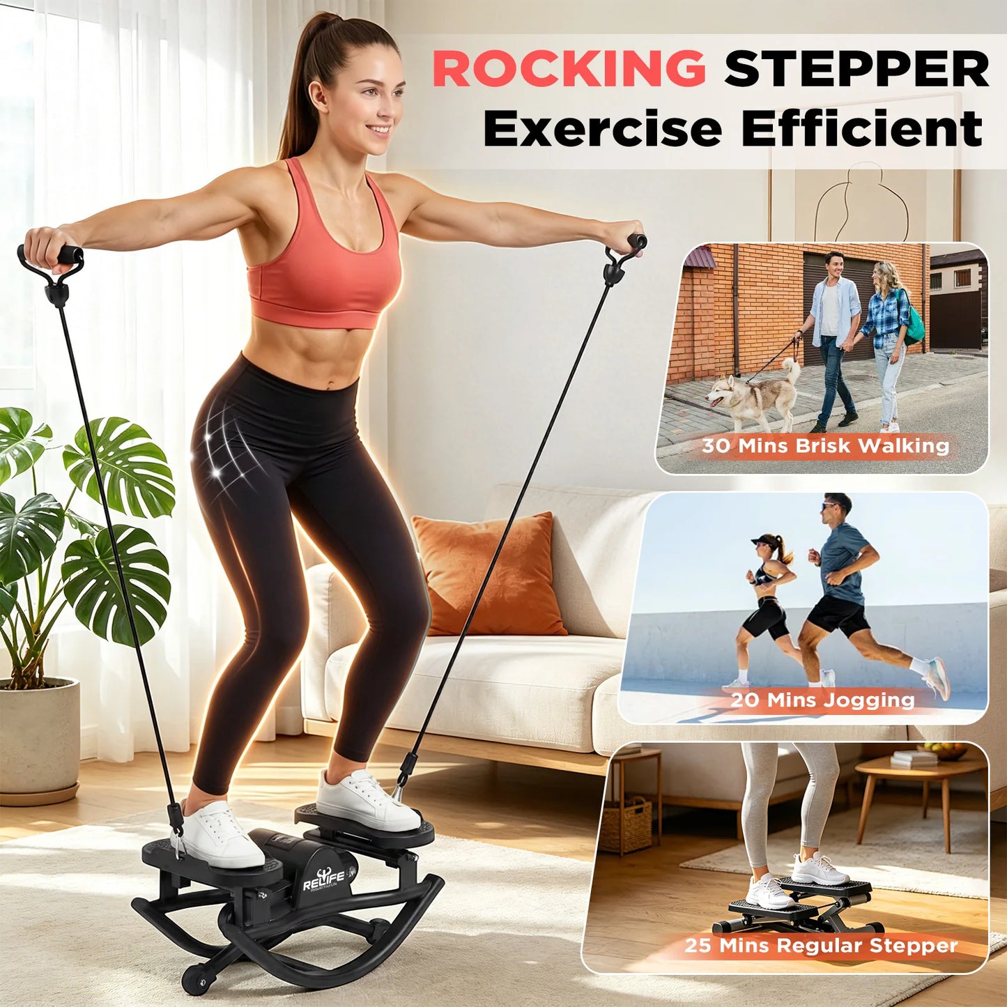 Relife 3D Lateral Rocking Stepper With Resistance Bands And Monitor