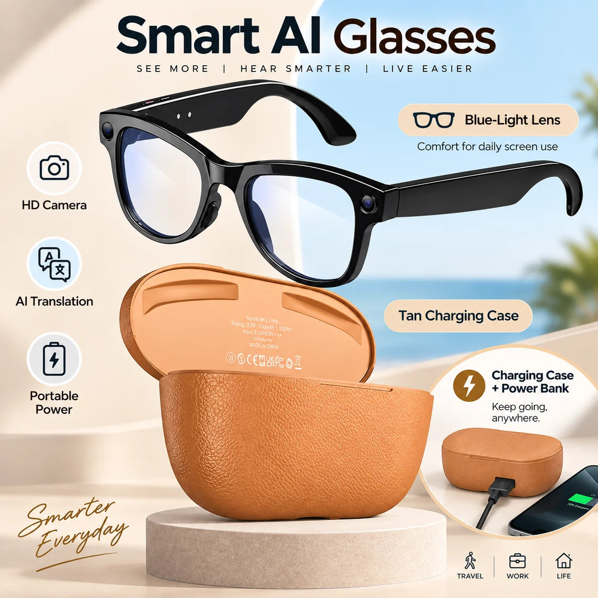AI Smart Glasses With HD Camera Translation And Charging Case