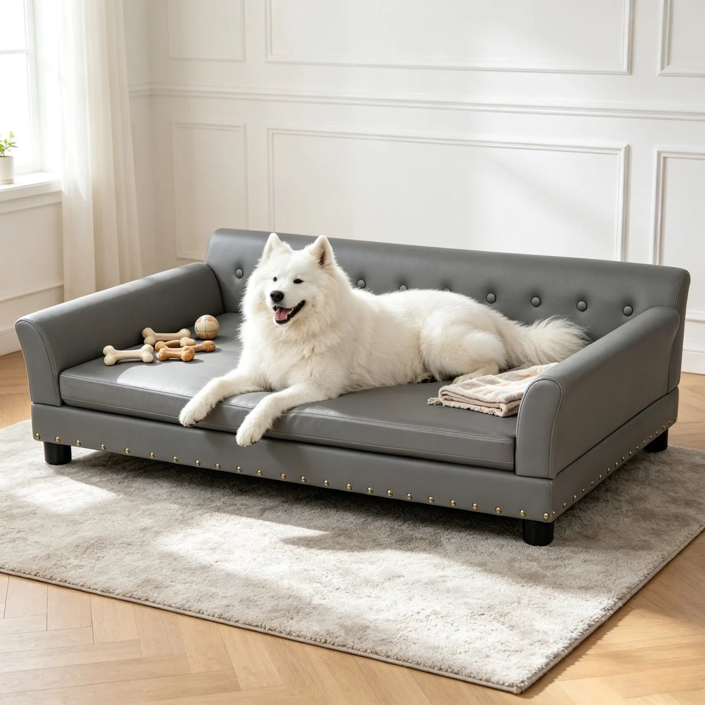 Elevated Dog Sofa for Medium to Large Dogs Couch Bed Microfiber Leather Cover Pet Snuggle Lounge Chair with Removable Cushion