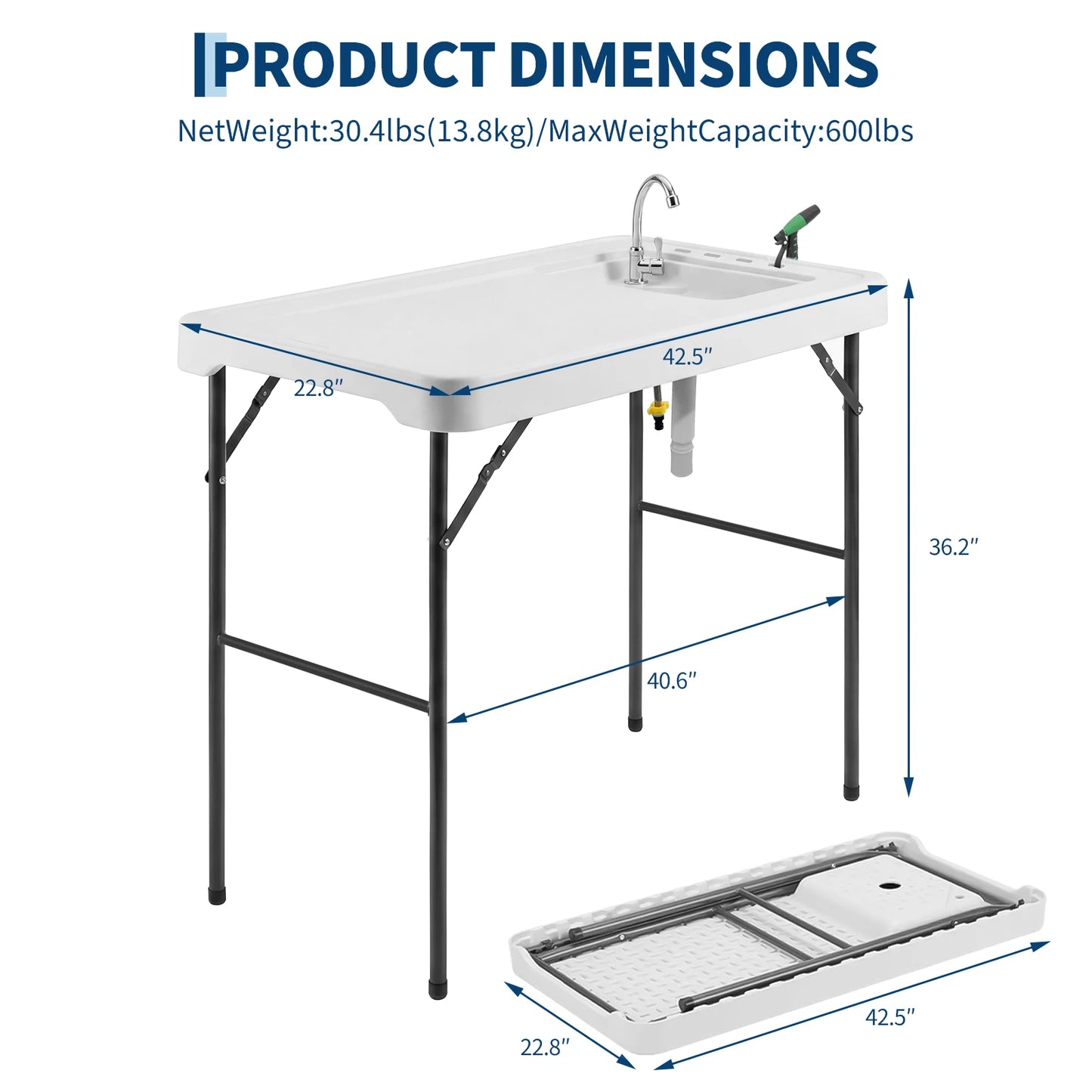Folding Fish Cleaning Table with Sink, Portable Camping Sink Station with Faucet, Drainage Hose, Sprayer, Outdoor Fillet Table for Picnic Beach Patio