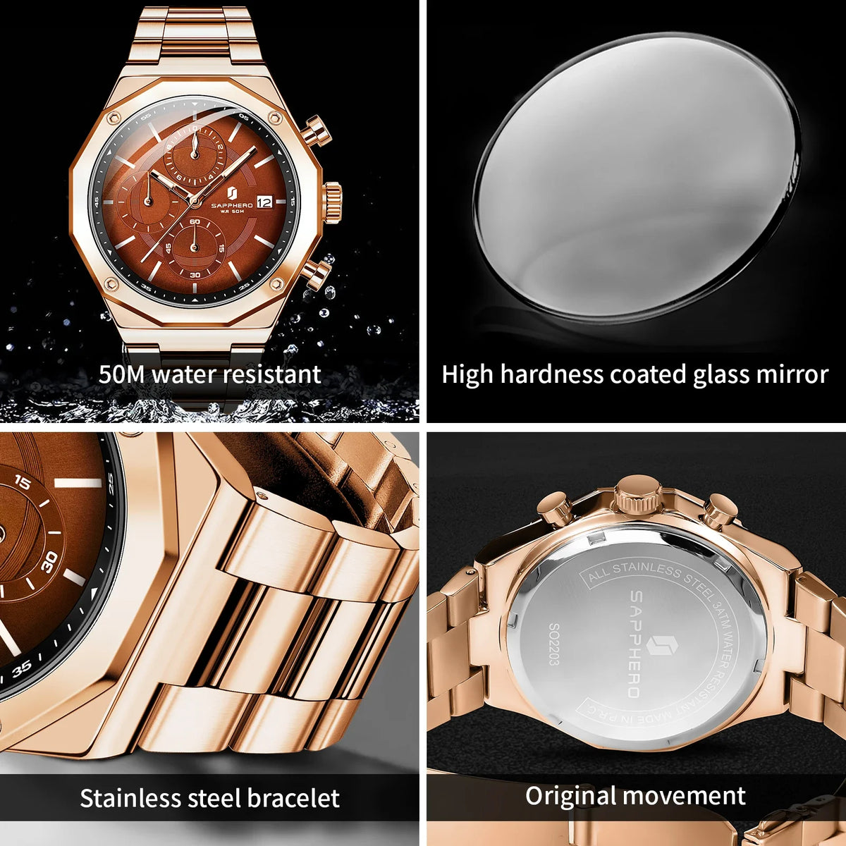 SAPPHERO Men's Chronograph Quartz Watch 5ATM Waterproof Stainless Steel Wristwatch Business Sport Fashion Casual Watch for Men Daily Wear Gift for Father Husband