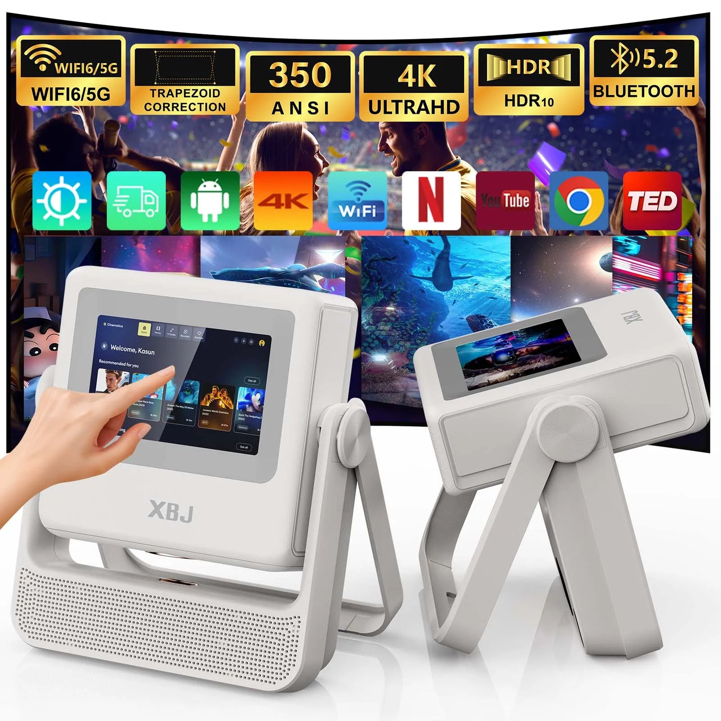 XBJ A5Pro Smart Dual Touchscreen Projector 1080P WiFi Auto Keystone Home Theater